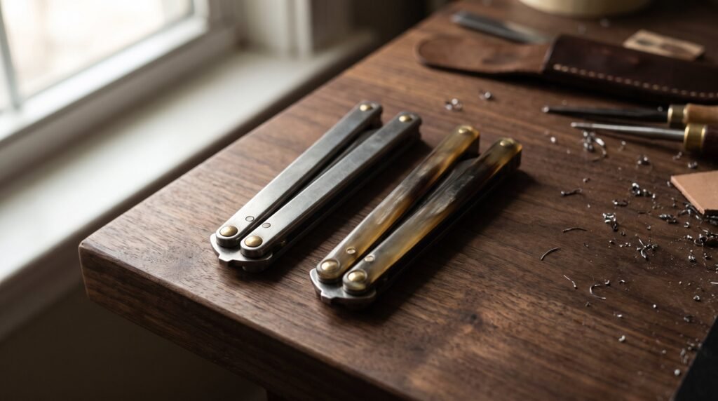 Two closed balisong butterfly knives side by side on dark walnut, one with plain metal handles and one with buffalo horn