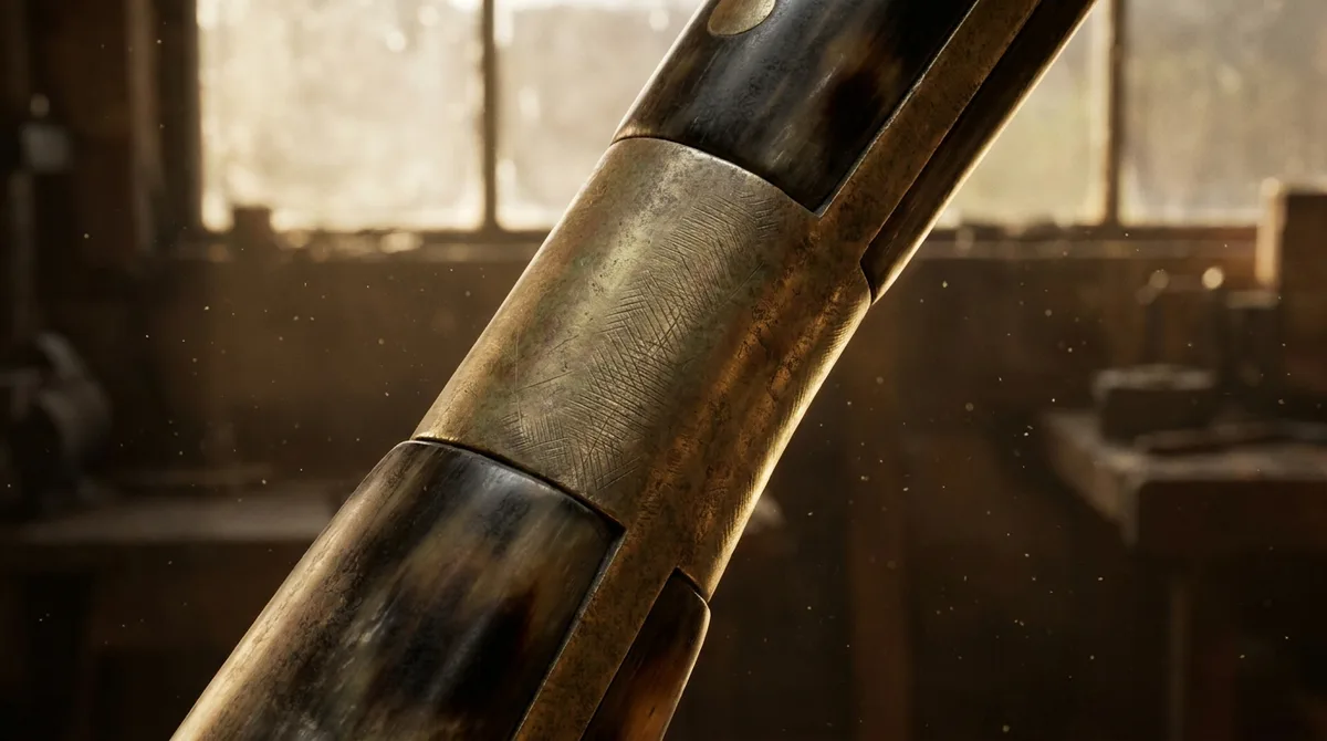 Close-up of a cast brass bolster joining horn handle scales on a Batangas balisong