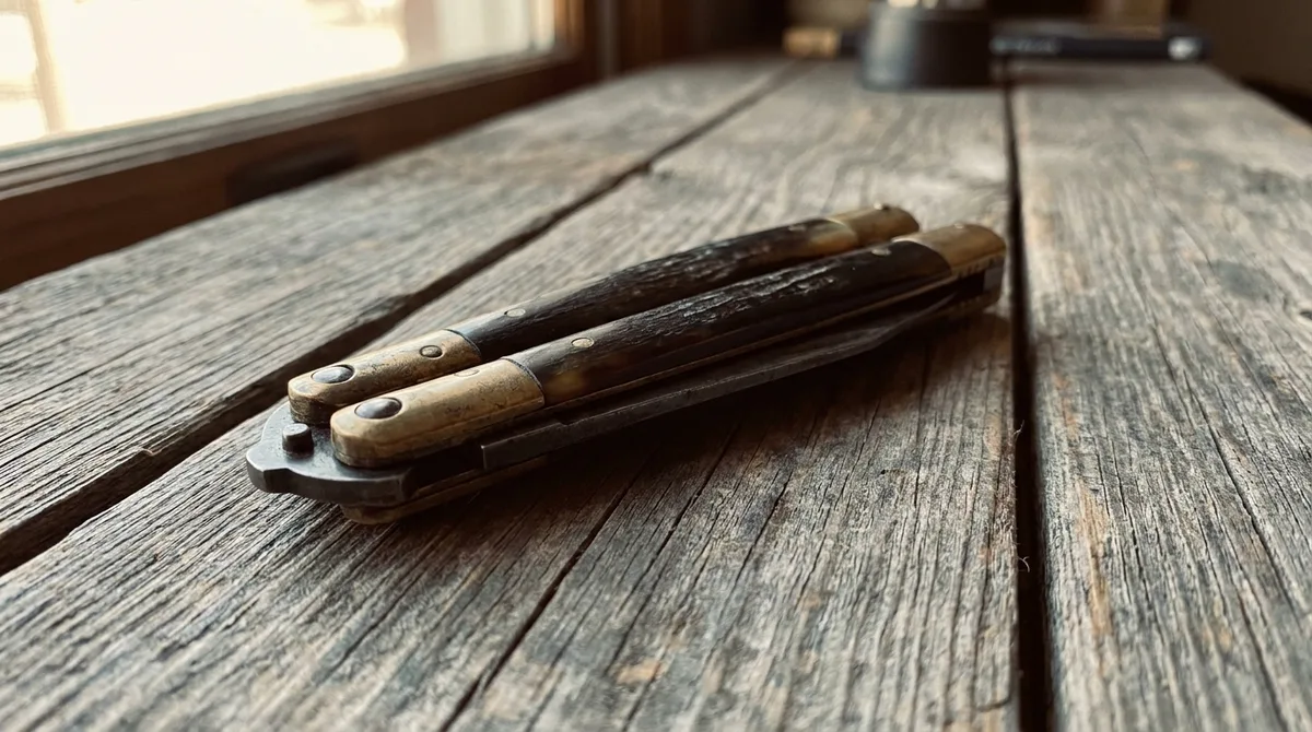 A long traditional Batangas balisong with horn handles and brass bolsters on weathered timber
