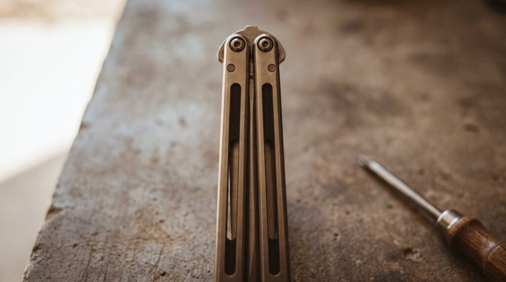 A closed balisong butterfly knife seen down the length of its two handles on a workbench with a small driver behind it