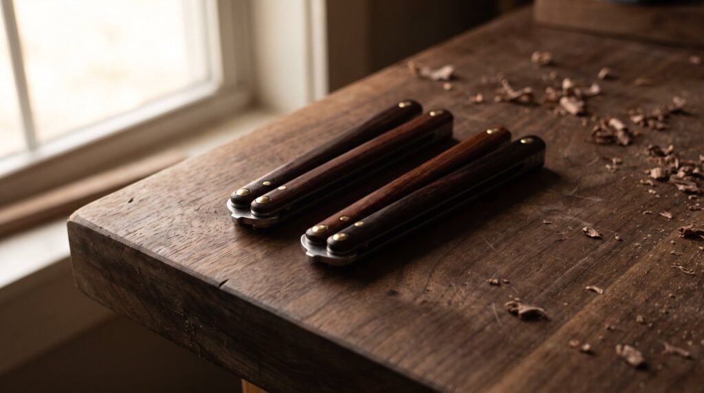 Two closed butterfly knives with identical rosewood handles and brass pivot pins lying parallel on a dark walnut bench