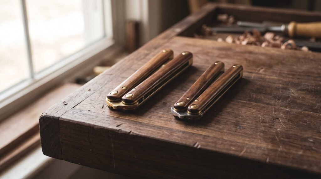 Two closed butterfly knives lying side by side on a dark walnut workbench, both with hardwood handles and brass pins