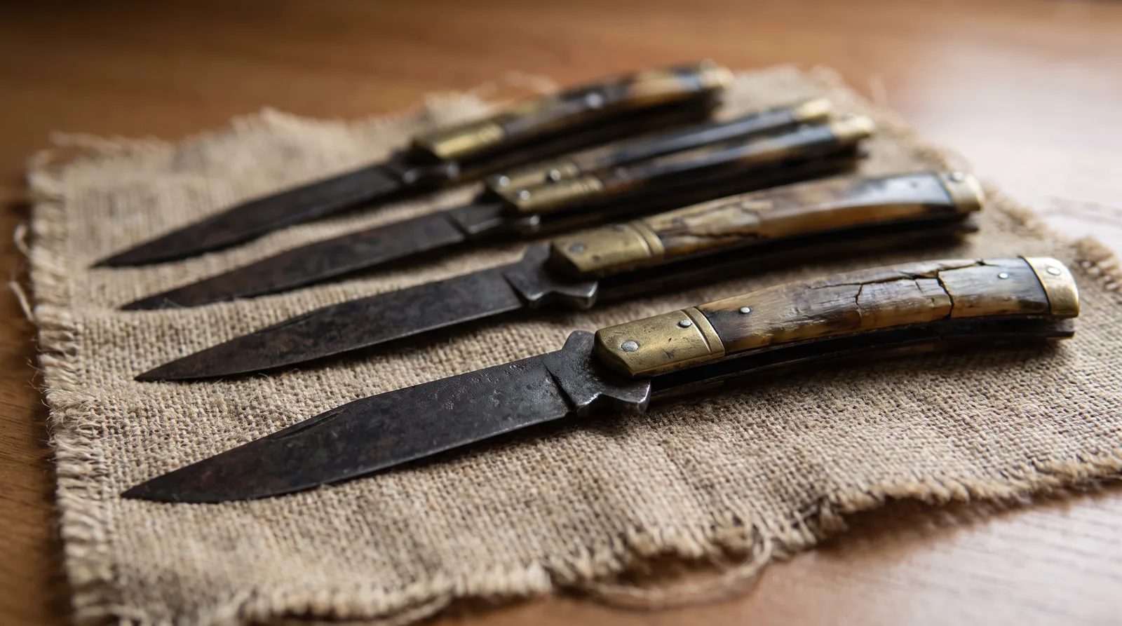 Four vintage balisongs with dark patina and shrunken horn handles laid out on worn cloth