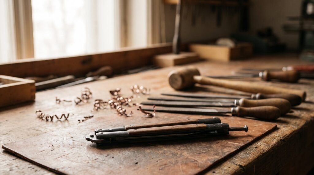 A closed butterfly knife in the foreground of a knifemakers workbench with hand files and a wooden mallet behind it