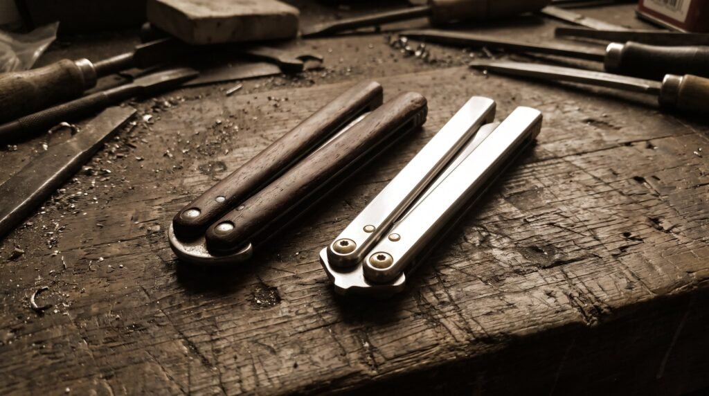 Two closed balisong butterfly knives on a worn wooden workbench, one darkened from years of handling and one visibly new