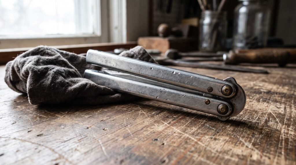 A well used balisong trainer lying closed on a workbench with fine scuffs and dents in the handles from long practice