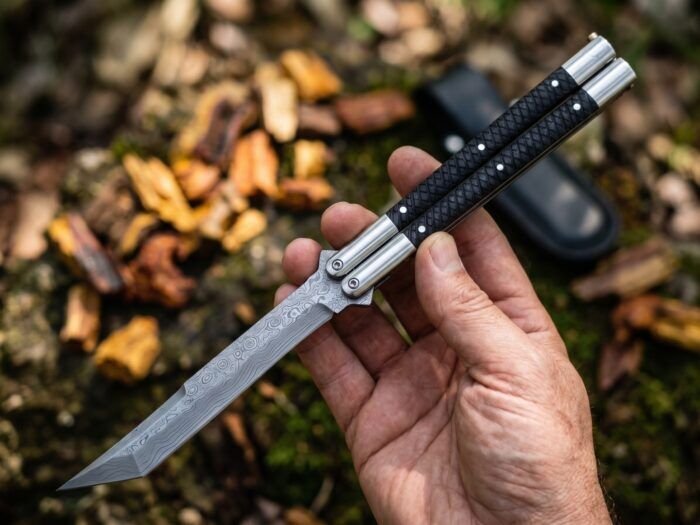 Tindalo Filipino Traditional Series Damascus Steel Beautiful Tanto Blade Butterfly Balisong Knife USA Made With Stag Horn Handle BF-129