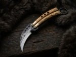 Handmade karambit balisong butterfly knife BF-185 with olive burl wood handle and forge finished blade