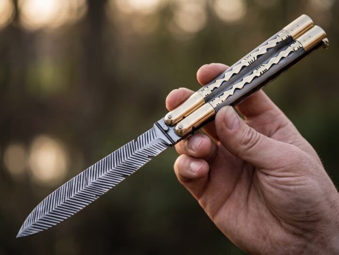 Monarch Filipino balisong butterfly knife held open in hand outdoors, brass and bone handle