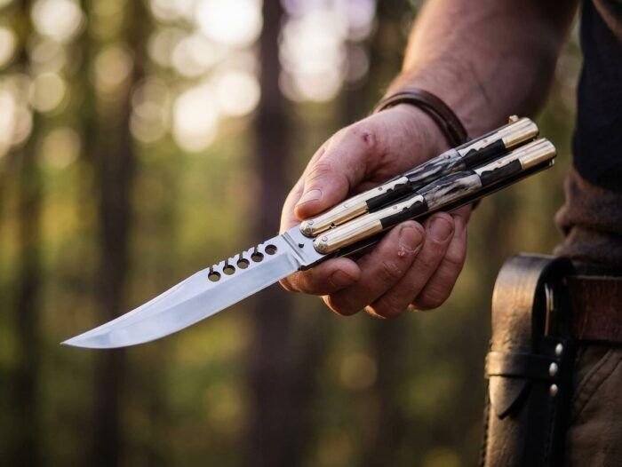 Mongoose Filipino balisong butterfly knife held open in hand, brass carabao and deer horn handle