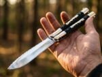 Mongrel Filipino balisong butterfly knife held open in hand, brass and kamagong wood handle