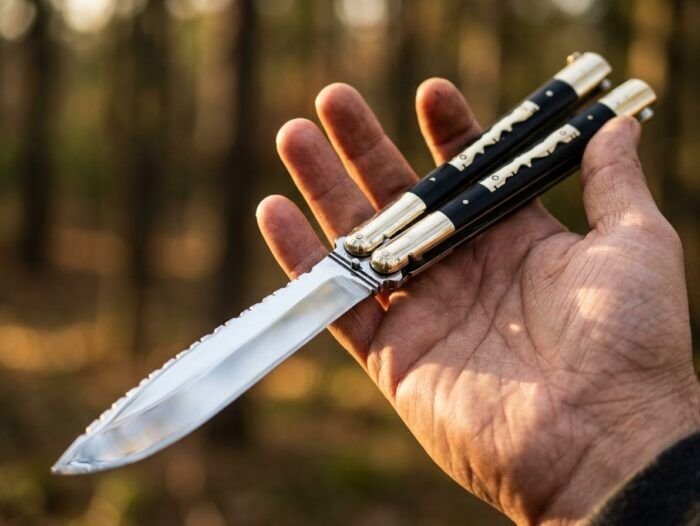 Mongrel Filipino balisong butterfly knife held open in hand, brass and kamagong wood handle