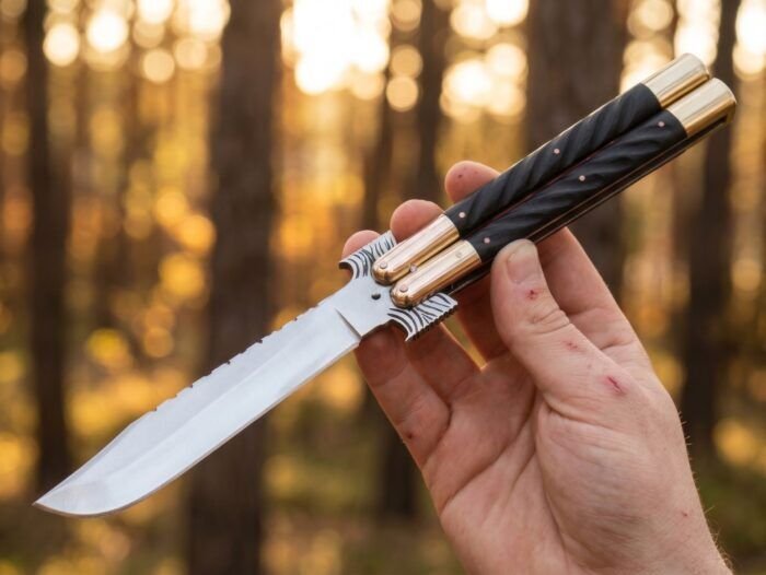 Monitor Lizard Filipino balisong butterfly knife held open in hand outdoors at golden hour