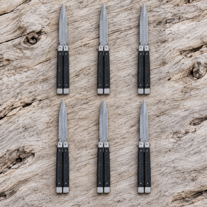 Set of 6 matching balisongs: Alon Philippine Visayan Damascus Steel Blade Butterfly