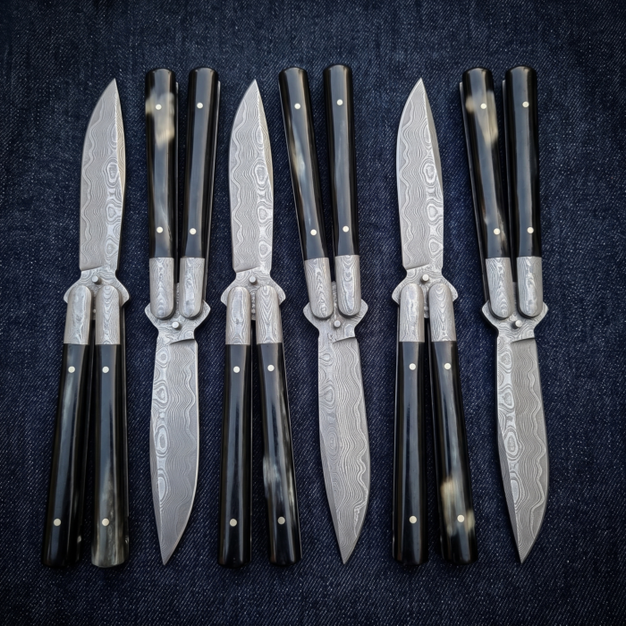 Set of 6 matching balisongs: Hatinggabi Handmade Damascus Steel Balisong Knife