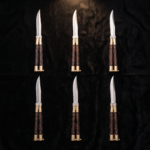 Set of 6 matching Hedgehog balisong butterfly knives with brass and kamagong wood handles