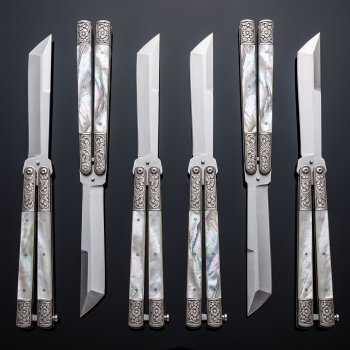 Set of 6 matching balisongs: Perlas Handmade D2 Steel Balisong Tanto Blade Knife
