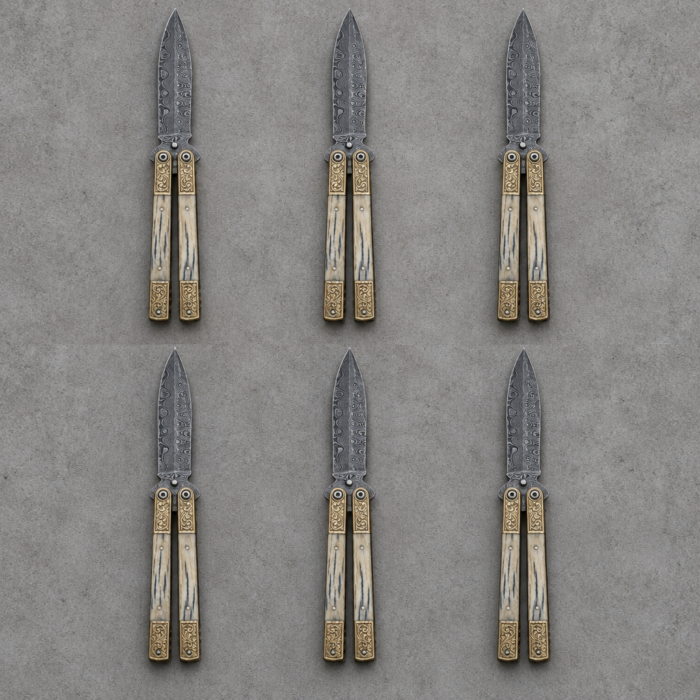Set of 6 matching balisongs: Sinauna Handmade Damascus Steel Balisong Double Edge Blade