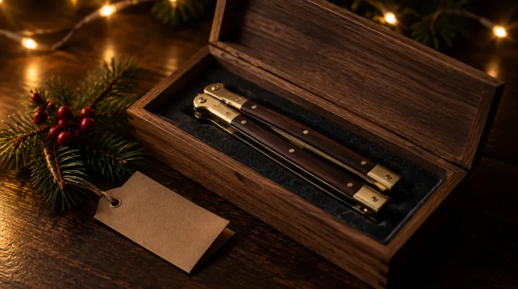 Filipino balisong butterfly knife with brass bolsters in a wooden gift box with pine and berries
